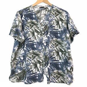 FASHION BUG Blue Green White Hawaiian Tropical Floral Short Sleeve Button Down